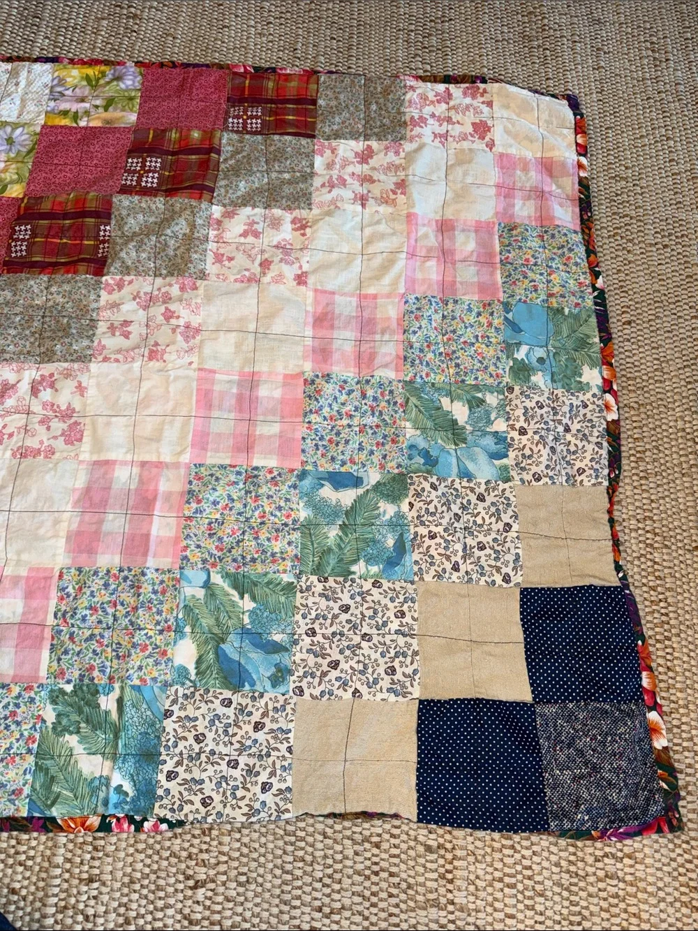 Vintage Patchwork Cotton Quilt with floral back- 36x36